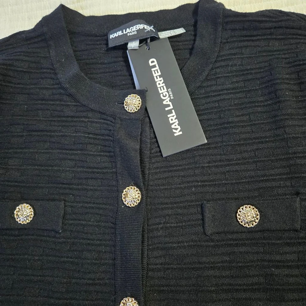 Women's Karl Lagerfeld Paris Black Cardigan with Gold Buttons, Size S NWT - Picture 11 of 14